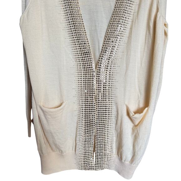 Tory Burch Gaugino Sweater Cardigan Wool Studded Open Front Beige Gold Size XL - Picture 4 of 13